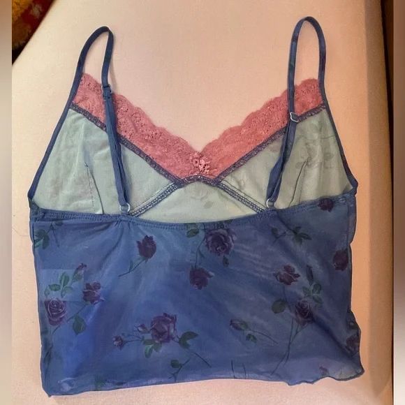 Sheer blue/purple cami with pink lace, rose/flower pattern - Picture 2 of 3